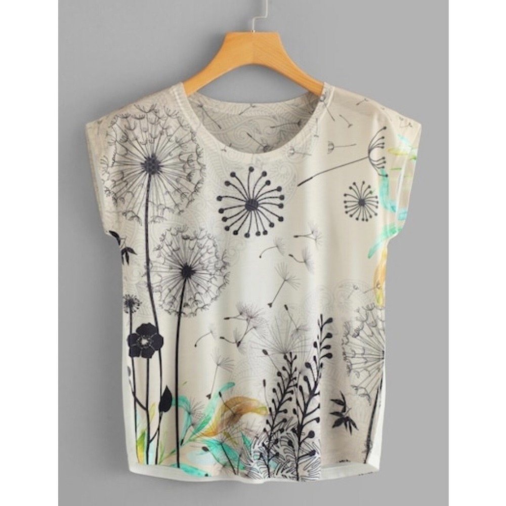 Floral Dandelion Print Short Sleeve Top White Cotton Blend Size M NWT